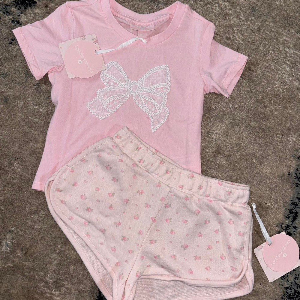 Pink LoveShackFancy set white lace bow graphic short sleeve tshirt medium